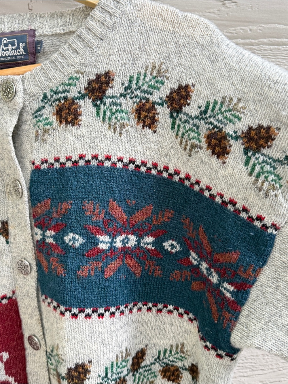 Vintage Woolrich Sweater Women XL Gray Wool Cardigan Fair Isle Deer Mountain 90s - Picture 10 of 13